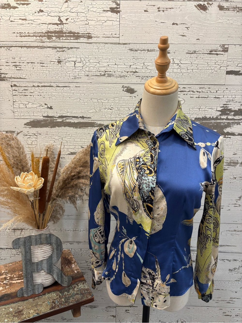 Just Cavalli 2000’s Area Designer Label Blue and Lime Satin Button-Down Blouse